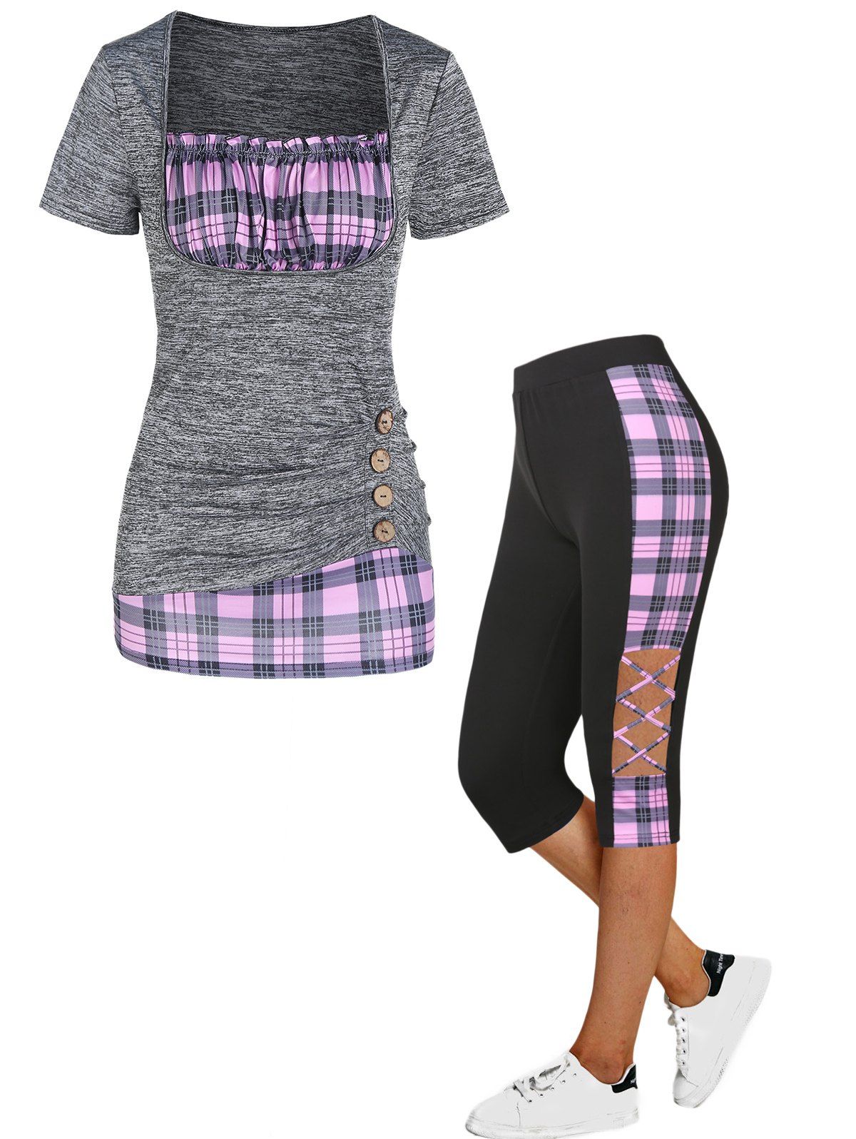 Plaid Print Ruched Bust Mock Button Faux Twinset T Shirt And Lattice Capri Leggings Summer Outfit - multicolor S