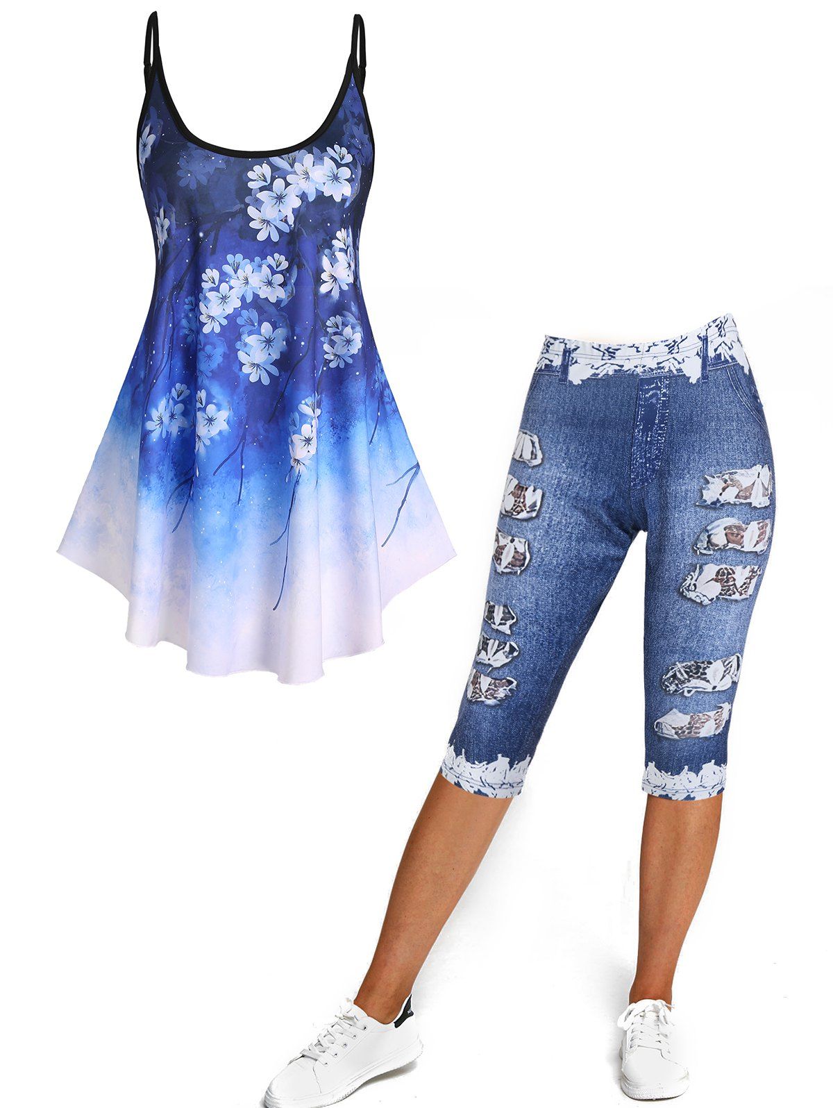 Flower Print Ombre Asymmetric Tank Top And Denim 3D Print Capri Jegging Summer Outfit - DEEP BLUE S