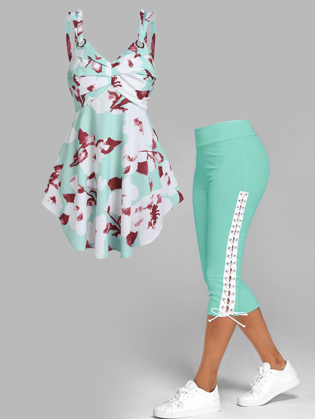 Flower Print Ruched Bust Tank Top And Lace Up Skinny Crop Leggings Summer Casual Outfit - LIGHT GREEN S