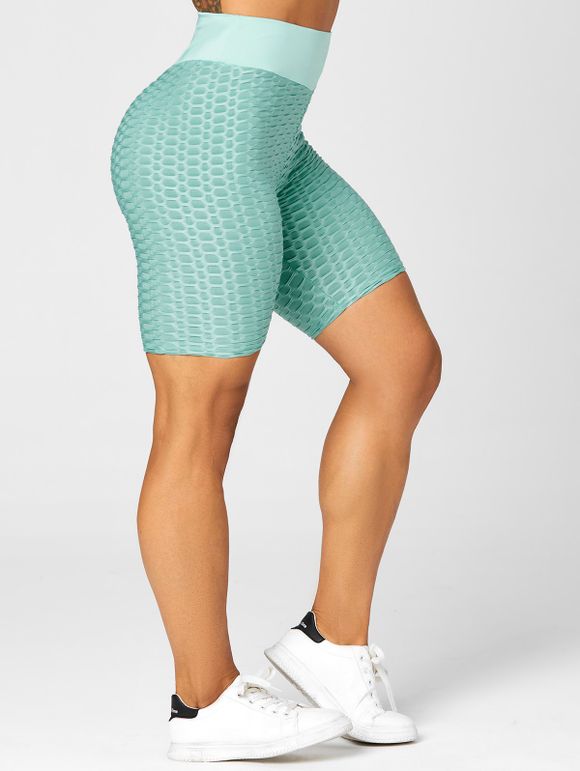 Casual Short Leggings Skinny Solid Color Textured High Waist Sporty Summer Leggings - GREEN M