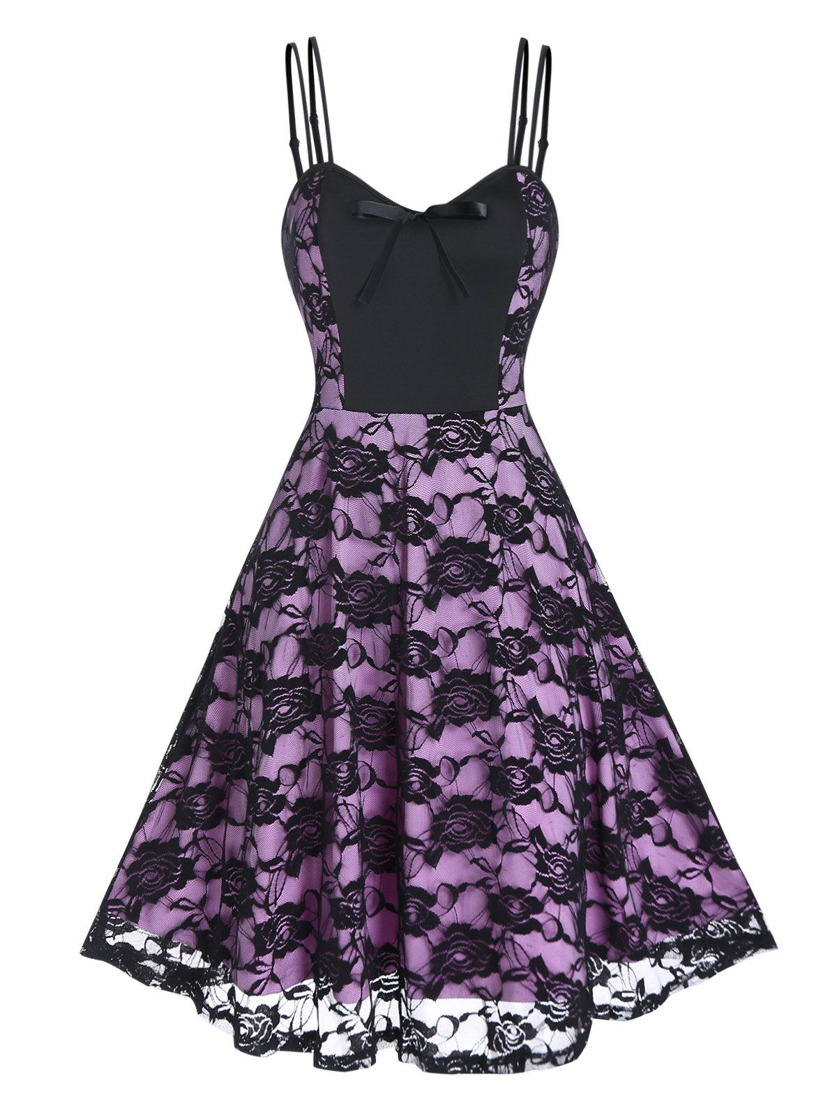 Casual Sundress Flower Lace Overlay Colorblock Bowknot Dual Strap High Waisted A Line Mini Dress - LIGHT PURPLE XXXL