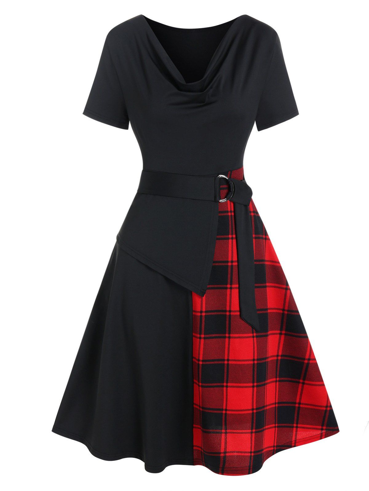 Casual Dress Plaid Print Insert D Ring Self Belted Draped High Waisted Dress A Line Mini Summer Dress - BLACK XL