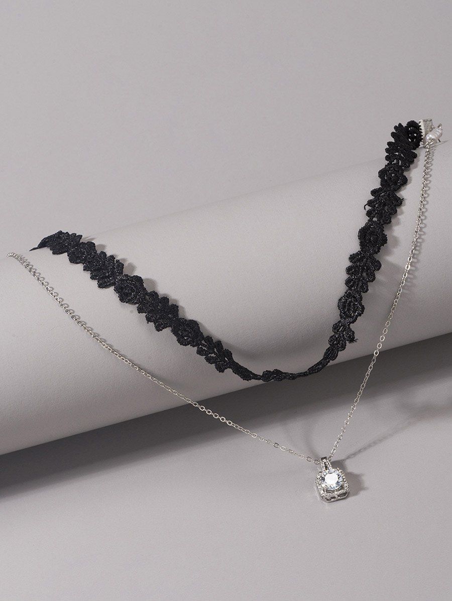 Gothic Layered Necklace Artificial Diamond Pendant Faux Pearl Lace Chain Necklace - BLACK 