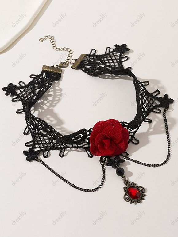 Collier Ras-de-Cou en Dentelle Motif Rose et Perles Fantaisies avec Pompons en Diamant Style Gothique - Noir 