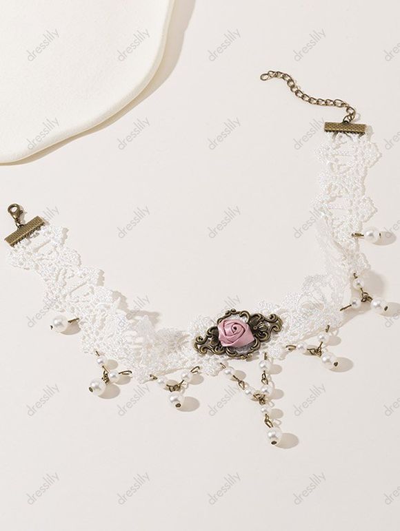 Collier Ras-de-Cou en Dentelle Réglable Motif Rose et Perle Fantaisie Style Gothique - Blanc 