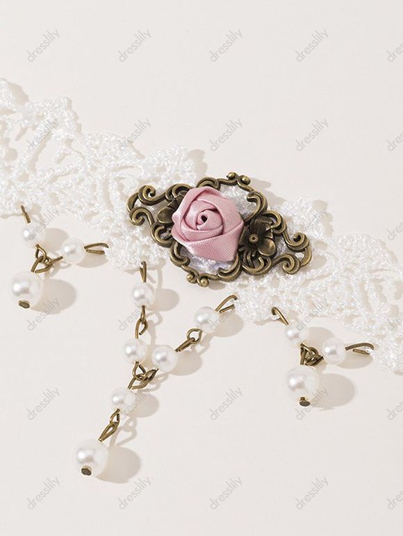 Collier Ras-de-Cou en Dentelle Réglable Motif Rose et Perle Fantaisie Style Gothique - Blanc 