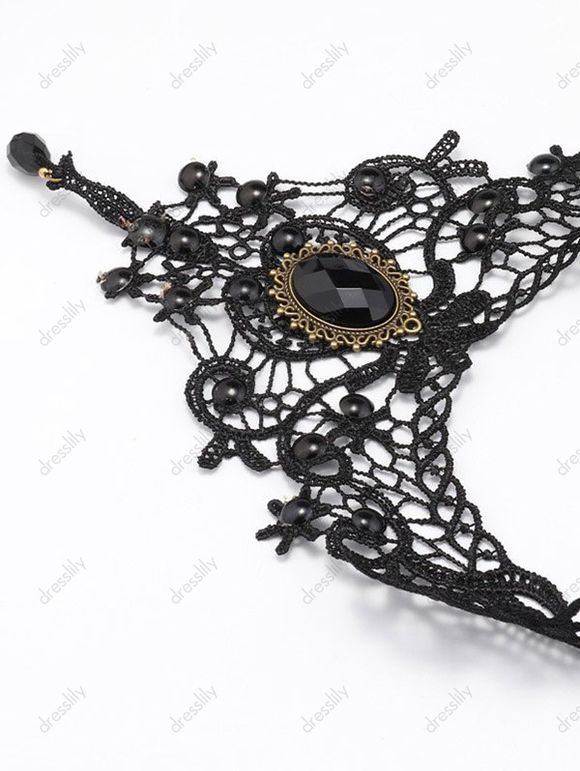 Collier Ras-du-Cou Gothique Fleur en Dentelle Transparente avec Strass - Noir 