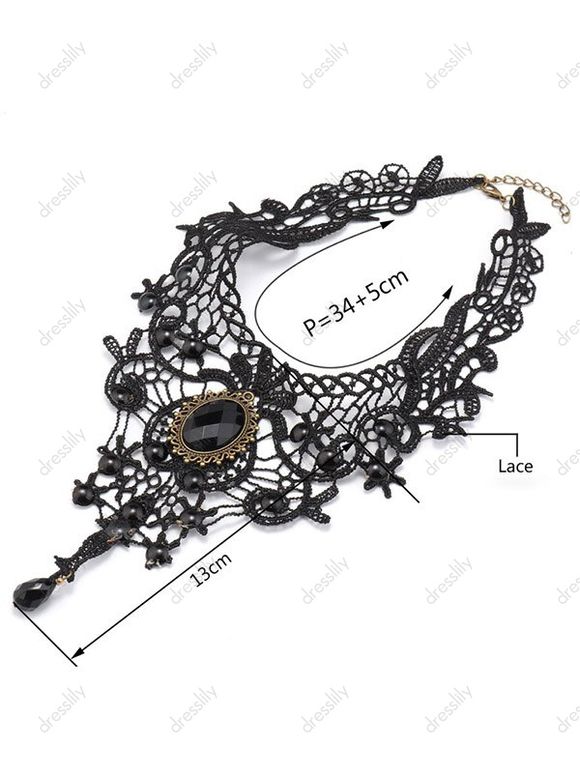 Collier Ras-du-Cou Gothique Fleur en Dentelle Transparente avec Strass - Noir 