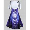 Casual Outfit Pure Color T Shirt and Sun Moon Galaxy Print Tied Shoulder A Line Midi Suspender Skirt Two Piece Set - DEEP BLUE XXXL