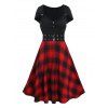 Mini Robe D'Eté Vintage Décontractée à Carreaux Imprimée à Taille Haute à Lacets - Rouge XXL