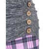 Plaid Print Ruched Bust Mock Button Faux Twinset T Shirt And Lattice Capri Leggings Summer Outfit - multicolor S