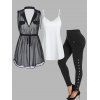 See Thru Cinched Tie Blouse Camisole Two Piece Top And Pocket Snap Button Leggings Casual Outfit - multicolor S
