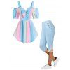Cold Shoulder Ruffle Bowknot Rainbow Pastel Top And High Rise Lace Applique Capri Leggings Summer Outfit - LIGHT BLUE S
