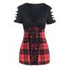 Plaid Print Lace Up Ladder Cut Out T Shirt And Skinny Crop Leggings Casual Outfit - multicolor S