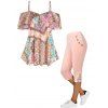 Allover Paisley Print Cold Shoulder Ruffled Top And High Rise Lace Applique Capri Leggings Summer Outfit - LIGHT PINK S