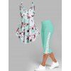Flower Print Ruched Bust Tank Top And Lace Up Skinny Crop Leggings Summer Casual Outfit - LIGHT GREEN S