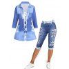 Denim 3D Print Lace Up Three Quarter Sleeve Top And Capri Jeggings Outfit - BLUE S
