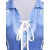Denim 3D Print Lace Up Three Quarter Sleeve Top And Capri Jeggings Outfit - BLUE S