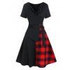 Casual Dress Plaid Print Insert D Ring Self Belted Draped High Waisted Dress A Line Mini Summer Dress - BLACK XL