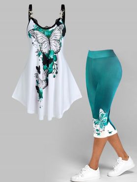 Butterfly Print Lace Ruffles Tank Top And Ombre Print Colorblock Capri Leggings Summer Outfit