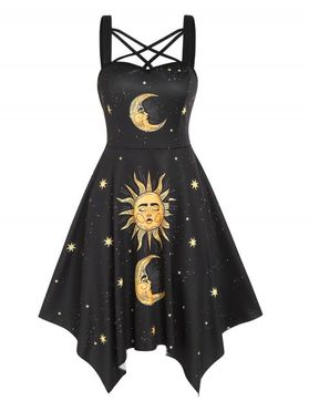 Contrast Celestial Sun Moon Star Printed Midi Dress Crisscross Backless Sleeveless A Line Dress