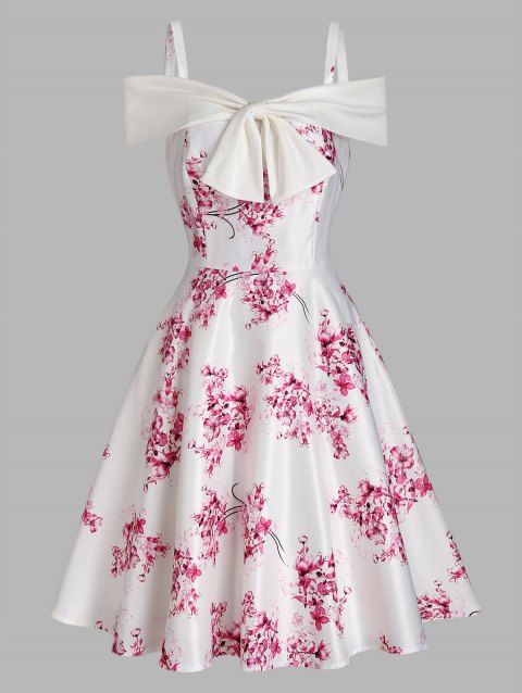 Flower Print Party Dress Cold Shoulder Mini Dress Bowknot Front A Line Swing Dress