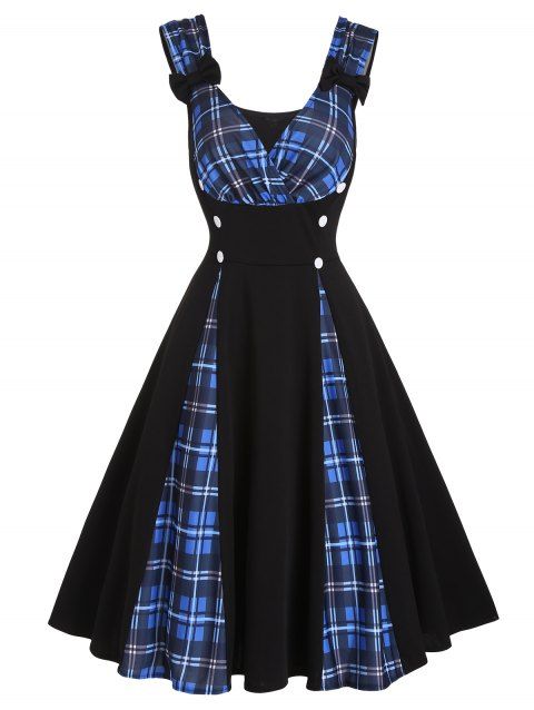 Vintage Dress Plaid Print Dress Bowknot Surplice Mock Button High Waist A Line Mini Dress