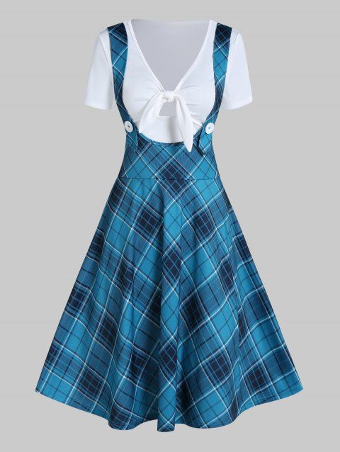 Plaid Print Suspender Skirt And Pure Color Bowknot Cut Out T Shirt Two Piece Set