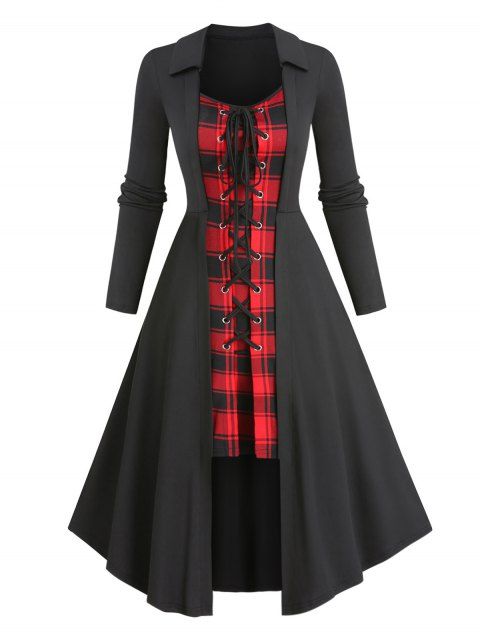 Plaid Print Faux Twinset Dress Lace Up Colorblock Long Sleeve 2 In 1 A Line Dress