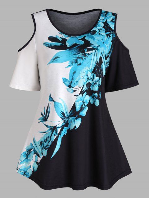 Colorblock T Shirt Leaf Flower Print T Shirt Cold Shoulder Short Sleeve Summer Casual Tee