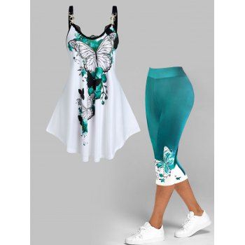 

Butterfly Print Lace Ruffles Tank Top And Ombre Print Colorblock Capri Leggings Summer Outfit, Green