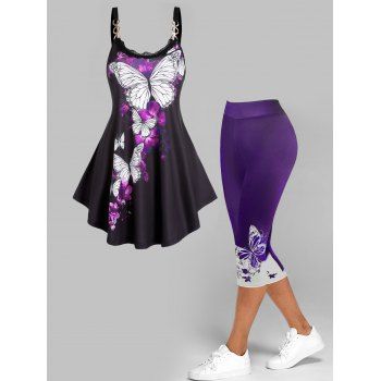 

Butterfly Print Lace Ruffles Tank Top And Ombre Print Colorblock Capri Leggings Summer Outfit, Concord