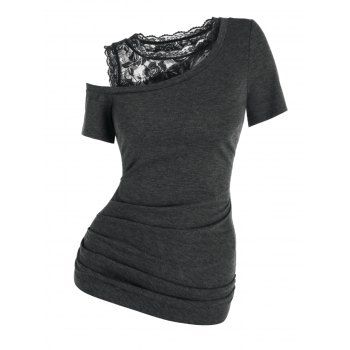 Women Lace Skew Collar Ruched Tunic T Shirt Clothing Xxl Dark gray