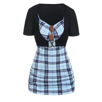 

Plaid T Shirt Ruched 2 In 1 T-shirt Short Sleeve Mock Button Twofer Tee, Light blue