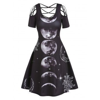 

Celestial Moon Phase Sun Print A Line Dress Cold Shoulder Crisscross Short Sleeve Mini Dress, Black