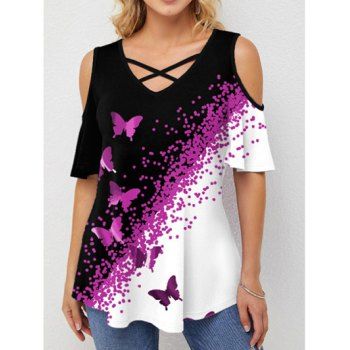 

Cold Shoulder T Shirt Colorblock T Shirt Butterfly Print Crisscross Summer Casual Tee, Purple