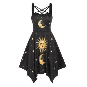 

Contrast Celestial Sun Moon Star Printed Midi Dress Crisscross Backless Sleeveless A Line Dress, Black