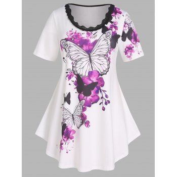 Plus Size T Shirt Butterfly Floral T Shirt Scalloped Lace Insert Casual Tee