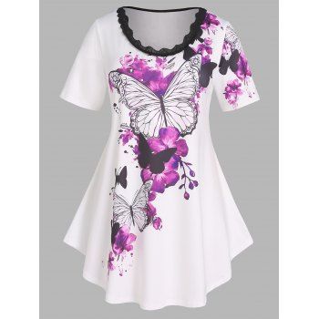 

Plus Size T Shirt Butterfly Floral T Shirt Scalloped Lace Insert Casual Tee, White