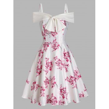 

Flower Print Party Dress Cold Shoulder Mini Dress Bowknot Front A Line Swing Dress, Light pink