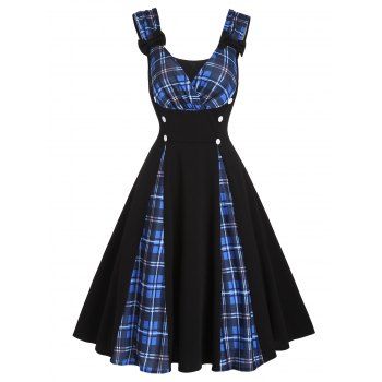 

Vintage Dress Plaid Print Dress Bowknot Surplice Mock Button High Waist A Line Mini Dress, Blue