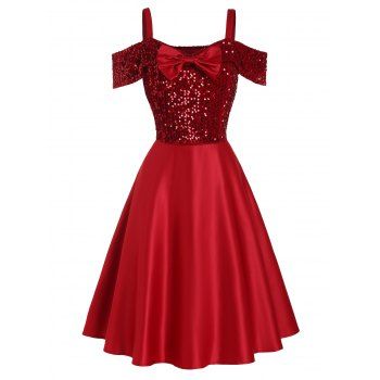 

Sparkly Sequins Party Dress Cold Shoulder Mini Dress Bowknot A Line Dress, Red