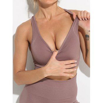 

Solid Color Sports Bra Plunging Neck High Stretch Cropped Yoga Bra, Light coffee