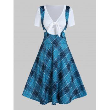 

Plaid Print Suspender Skirt And Pure Color Bowknot Cut Out T Shirt Two Piece Set, Blue