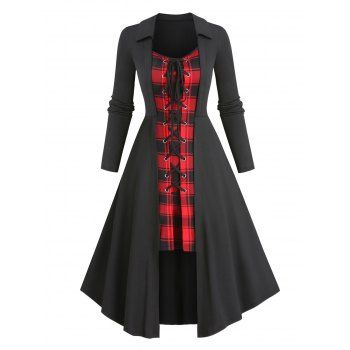 

Plaid Print Faux Twinset Dress Lace Up Colorblock Long Sleeve 2 In 1 A Line Dress, Black