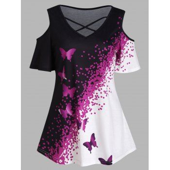 

Cold Shoulder T Shirt Colorblock T Shirt Butterfly Print Crisscross Summer Casual Tee, Purple
