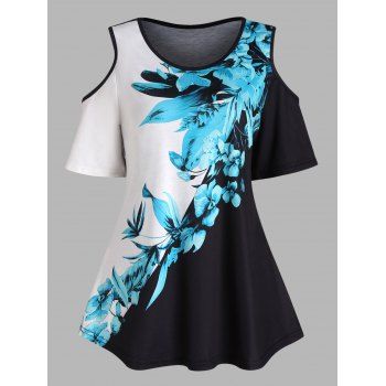 

Colorblock T Shirt Leaf Flower Print T Shirt Cold Shoulder Short Sleeve Summer Casual Tee, Green