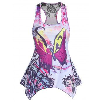 

Butterfly Paisley Print Asymmetric Tank Top Rose Flower Lace Insert Summer Tank Top, Light pink