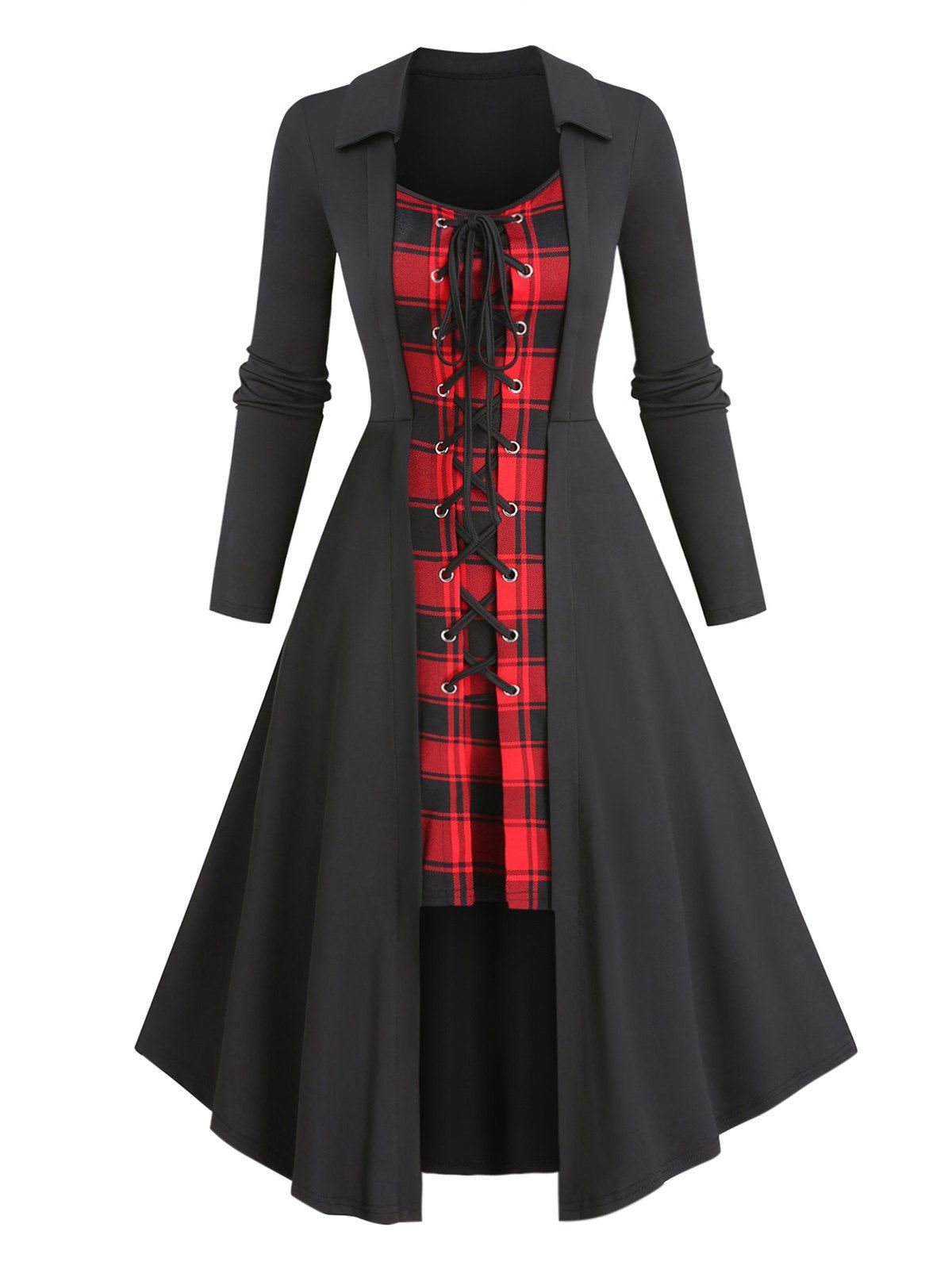 Plaid Print Faux Twinset Dress Lace Up Colorblock Long Sleeve 2 In 1 A Line Dress - BLACK XXL