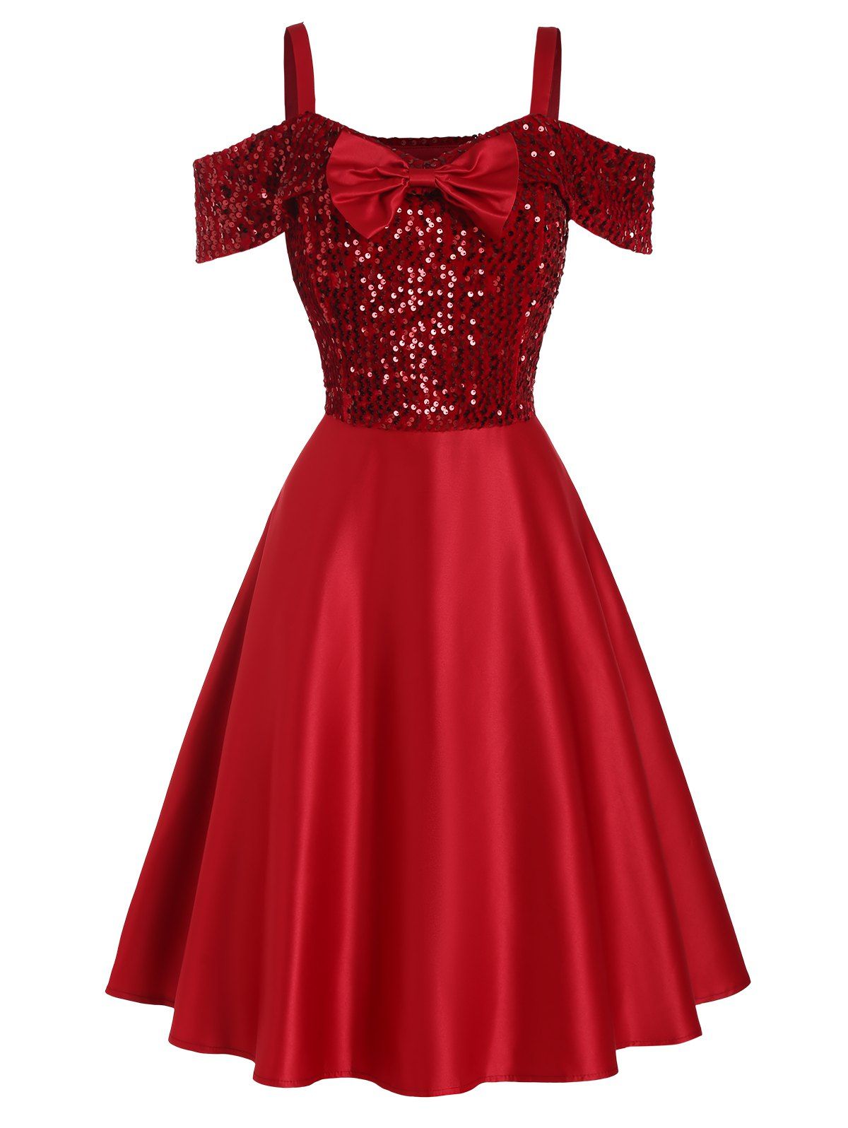 Sparkly Sequins Party Dress Cold Shoulder Mini Dress Bowknot A Line Dress - RED L